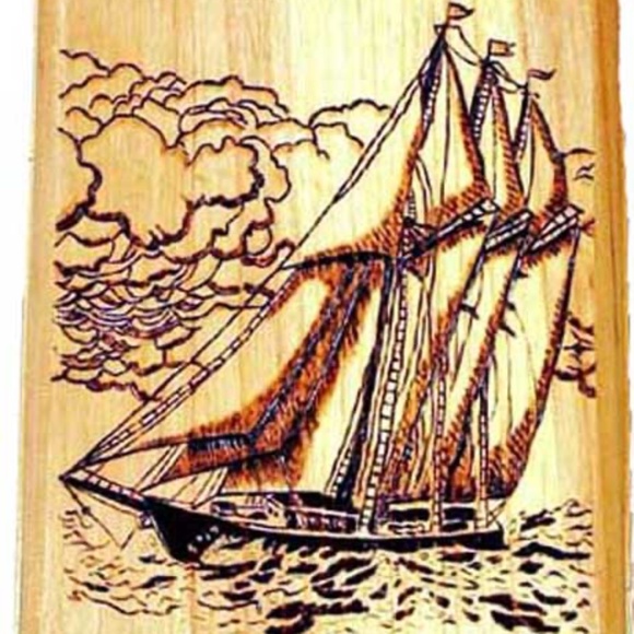 SAILING SHIP & FISHING TRAWLER, TWO HAND DONE WOODBURNING ART, SIGNED, ONE OF - Picture 1 of 2